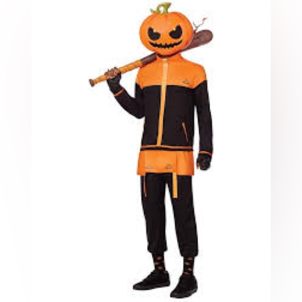 Spirit Halloween Pumpkin Head Costume | Teen Orange Black Jumpsuit w/ Mask L